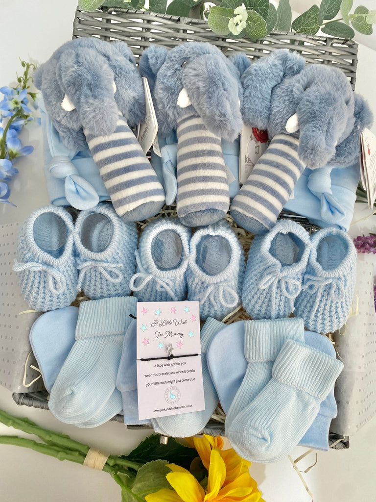 Baby Boys Triplet Gift Hamper - Blue Elephants - Pink and Blue Hampers