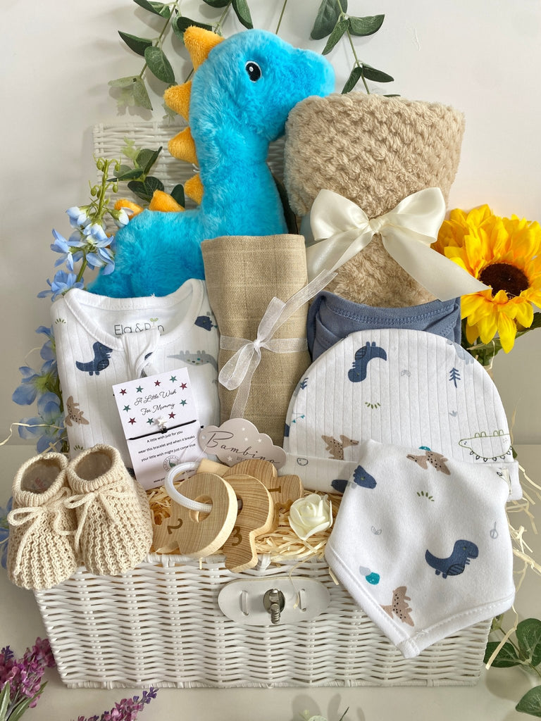 Baby Shower Basket Gift - Dino Buddies Baby Boy - Pink and Blue Hampers