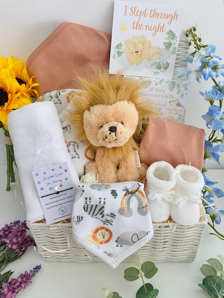 Baby Shower Gift Basket - Sleepy Little Lion - Pink and Blue Hampers