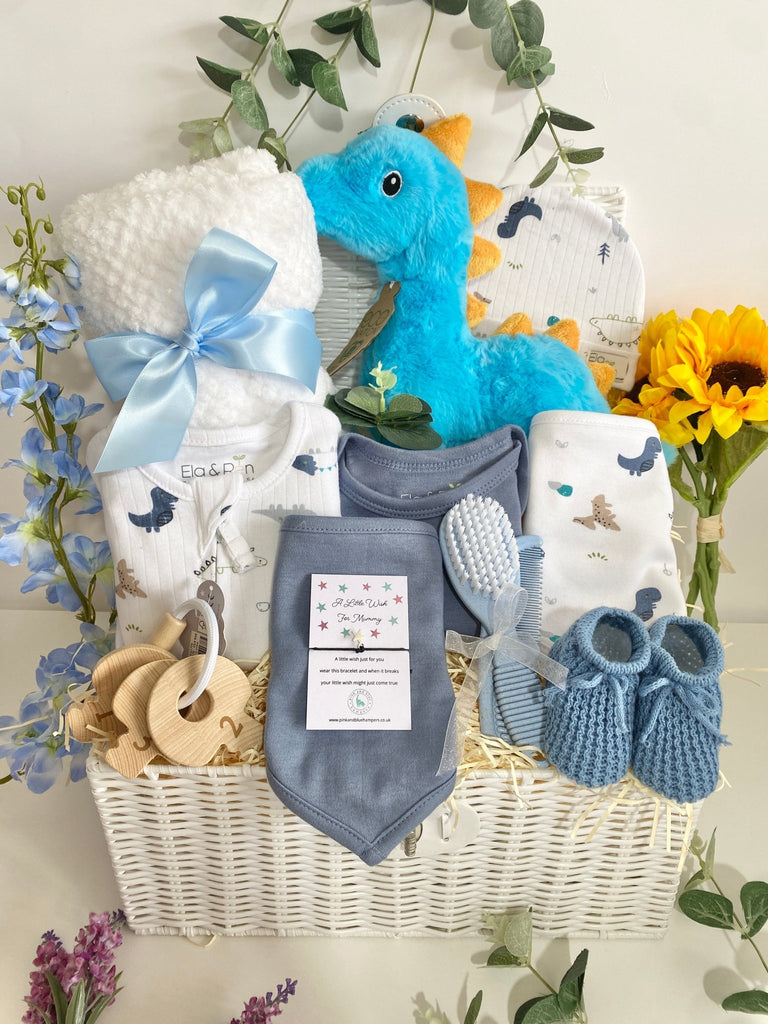 Baby Shower Hamper Basket - Boy’s Dino Buddy - Pink and Blue Hampers