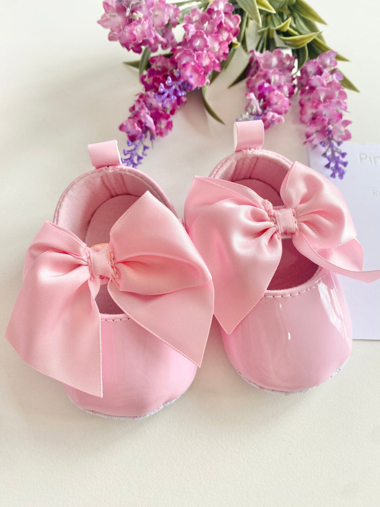 Beautiful Pink Baby Girl Shoes With Large Satin Bow - Pink and Blue Hampers