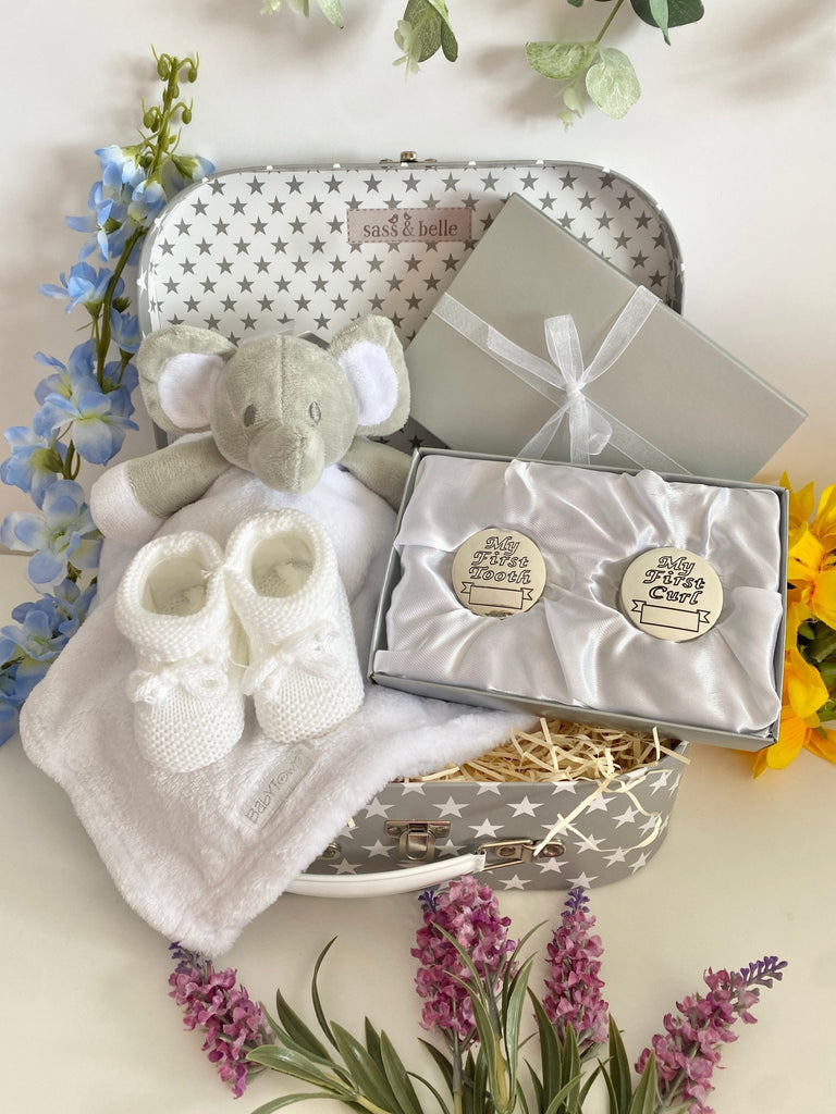 Christening Baby Gift Trunk - My First Tooth & My First Curl - Pink and Blue Hampers