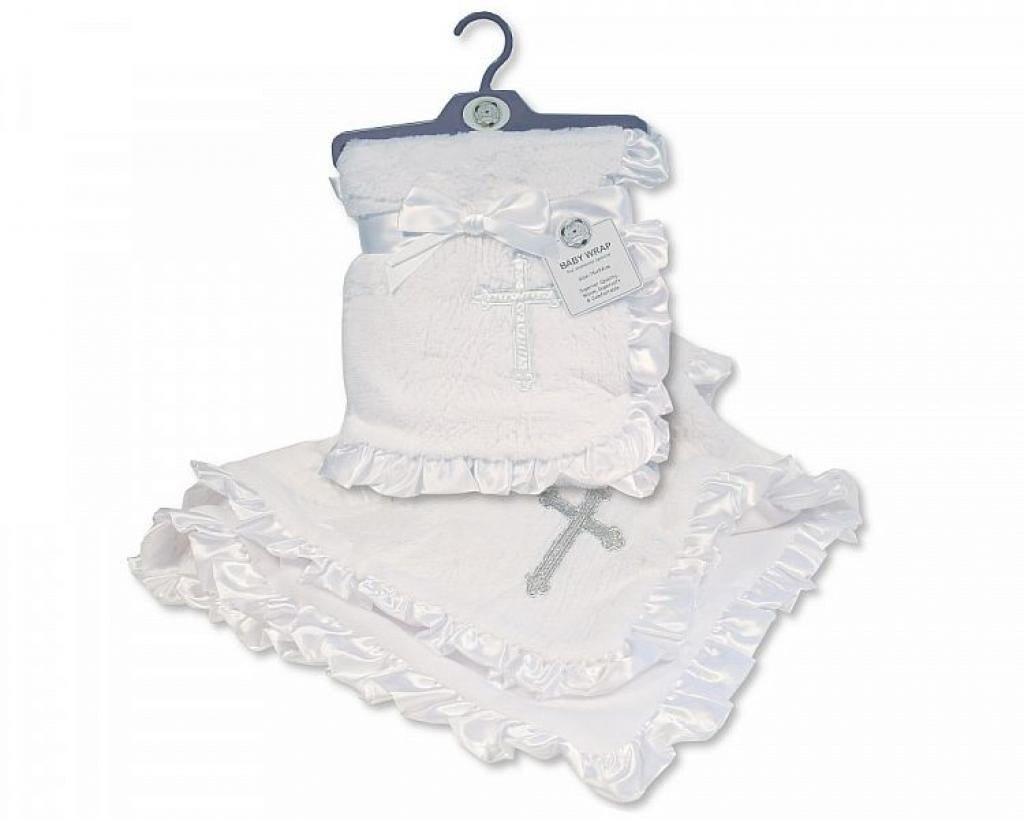 Christening Baby Wrap With Satin Lace Border - Pink and Blue Hampers