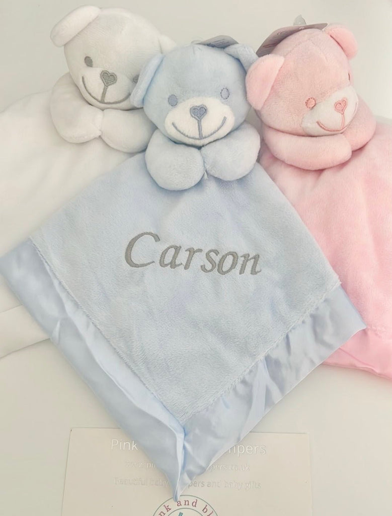 Cute Personalised Baby Comforter, New Baby Gift - Pink and Blue Hampers