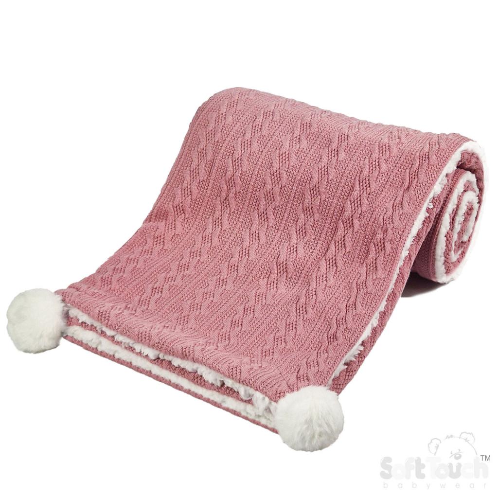 Dusky Pink Cable Knit Wrap With Poms and Sherpa - Pink and Blue Hampers