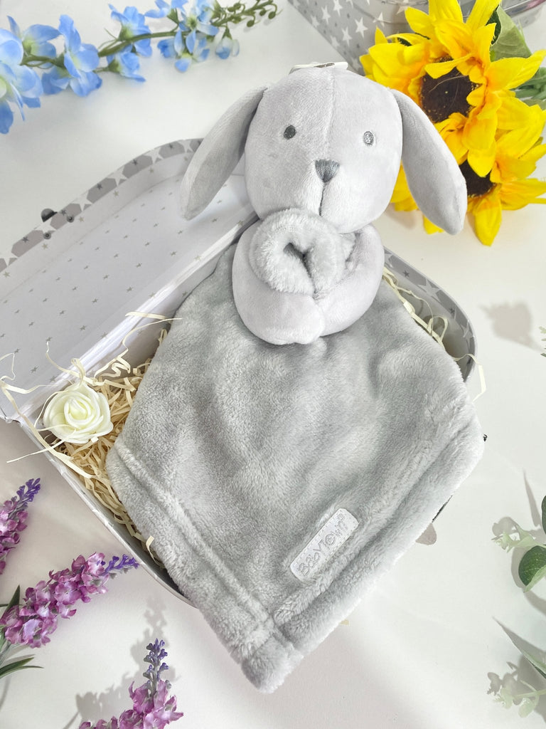 Grey Bunny Comforter In Mini Trunk - Pink and Blue Hampers