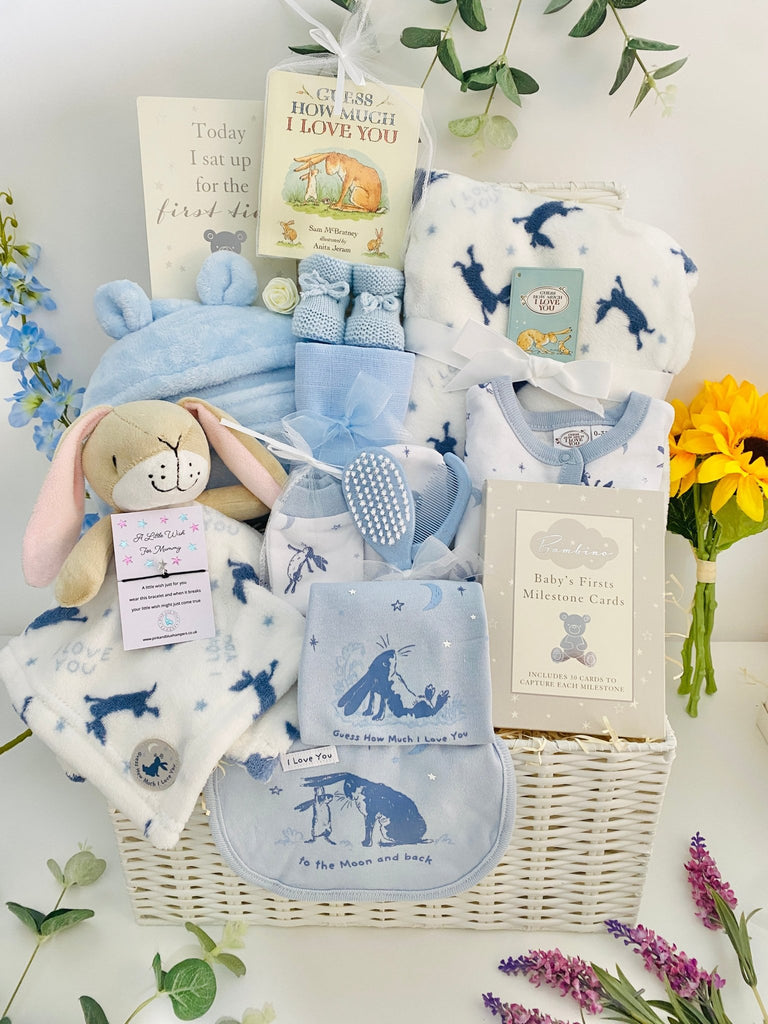 Large Baby Shower Gift Basket - Baby Boy Guess How Much I Love You - Pink and Blue Hampers