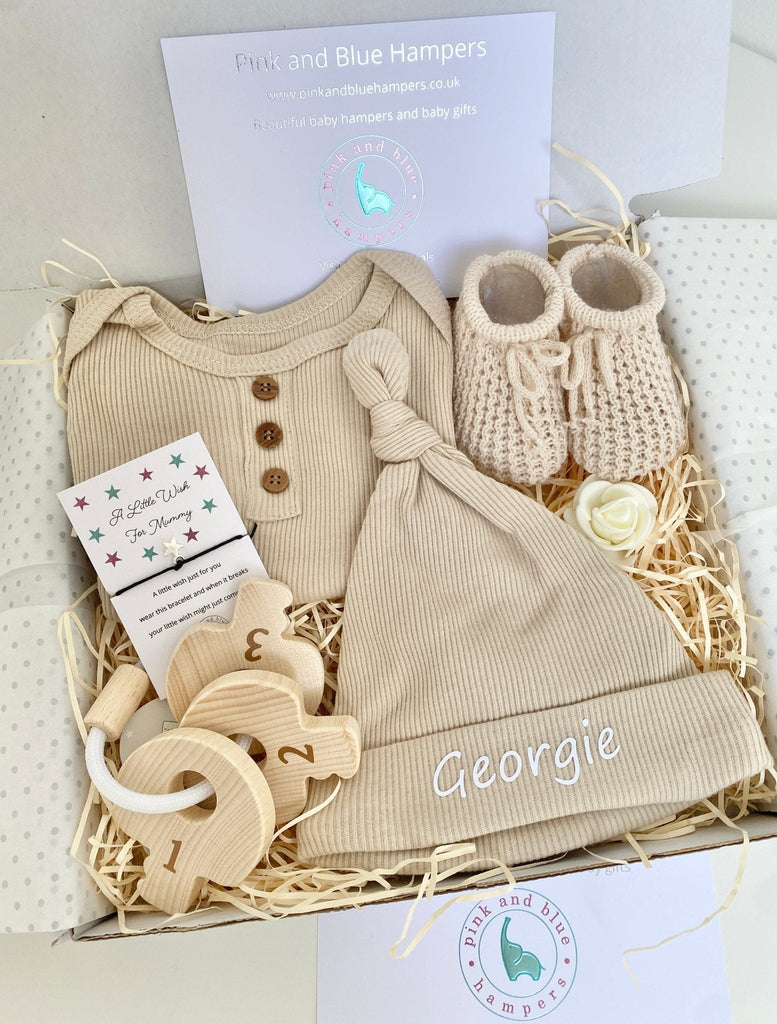 New Baby Boy Gift, Beautiful Baby Gift Set With Wooden Teether - Pink and Blue Hampers