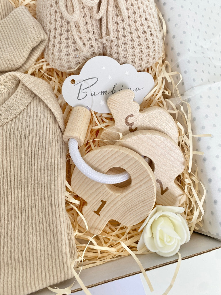 New Baby Boy Gift, Beautiful Baby Gift Set With Wooden Teether - Pink and Blue Hampers