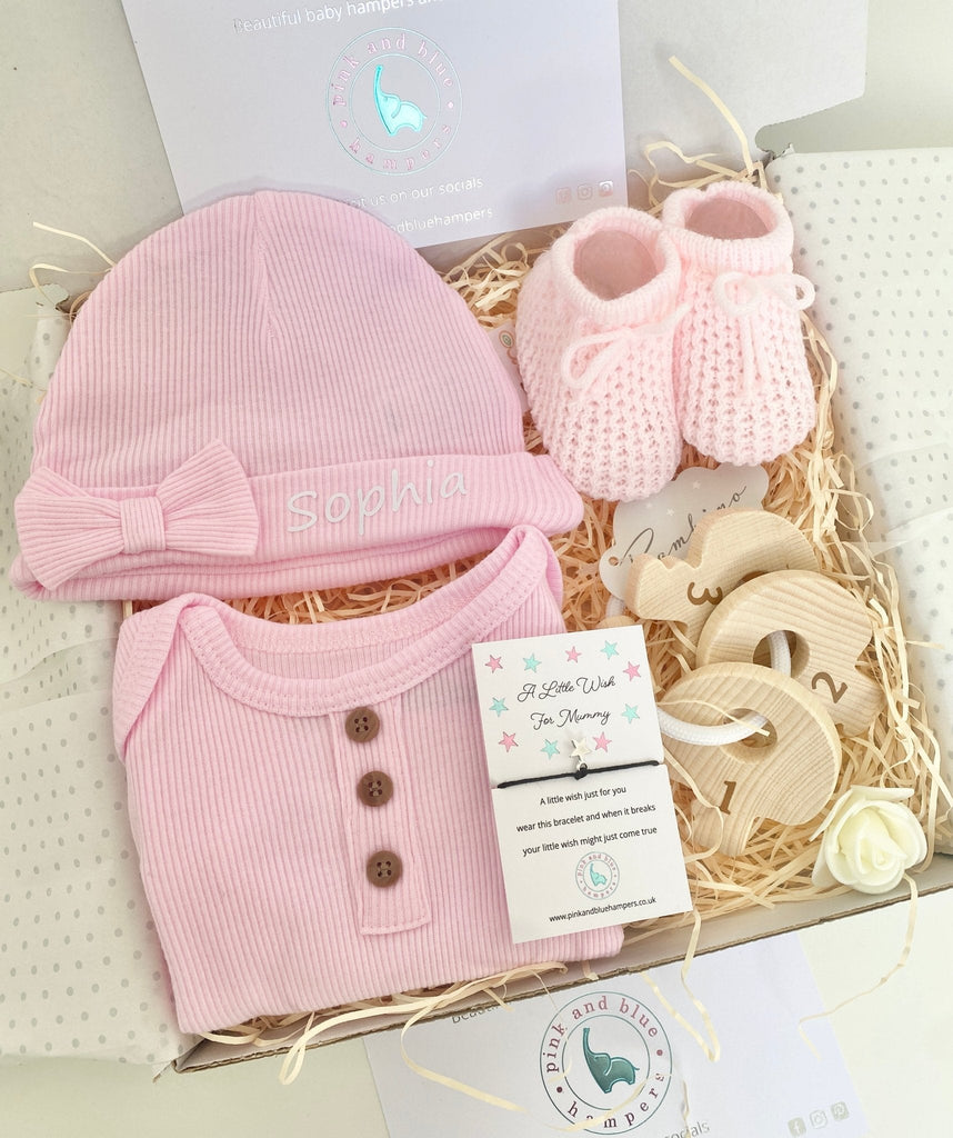 New Baby Boy Gift, Beautiful Baby Gift Set With Wooden Teether - Pink and Blue Hampers