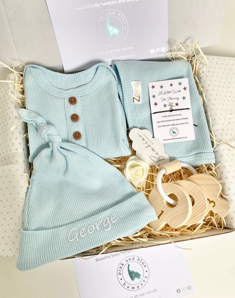 New Baby Girl Gift, Beautiful Baby Gift Set With Wooden Teether - Pink and Blue Hampers