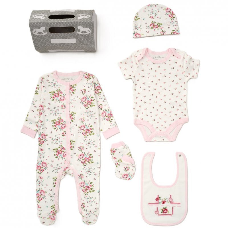 New Baby Girl Gift - White Floral Layette Set - Pink and Blue Hampers