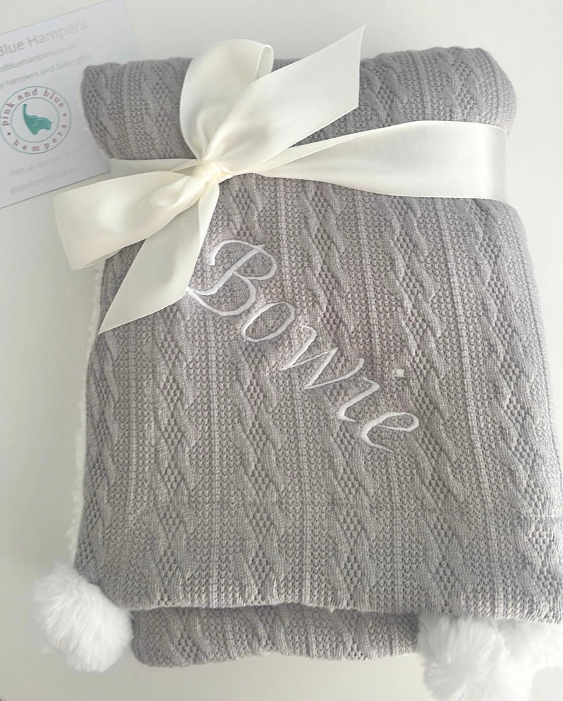 Personalised Grey Cable Knit Baby Blanket - Pink and Blue Hampers