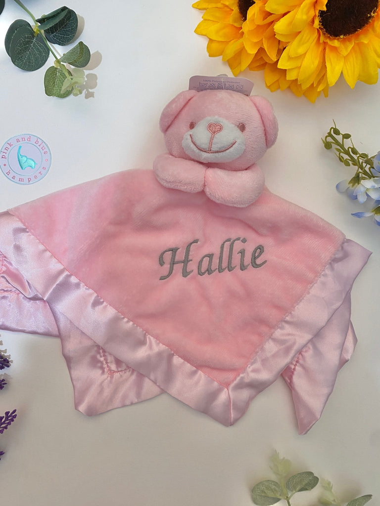 Personalised Pink Bear Baby Comforter - Pink and Blue Hampers