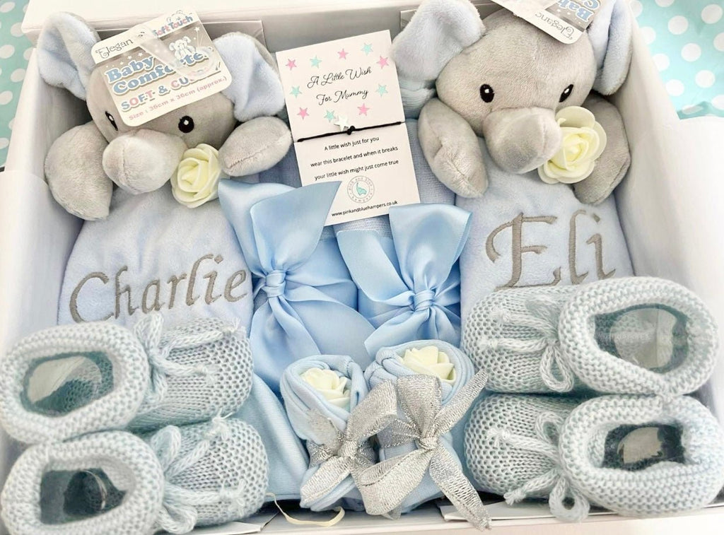 Personalised Twin Baby Boy Hamper - Blue Elephant Comforters - Pink and Blue Hampers