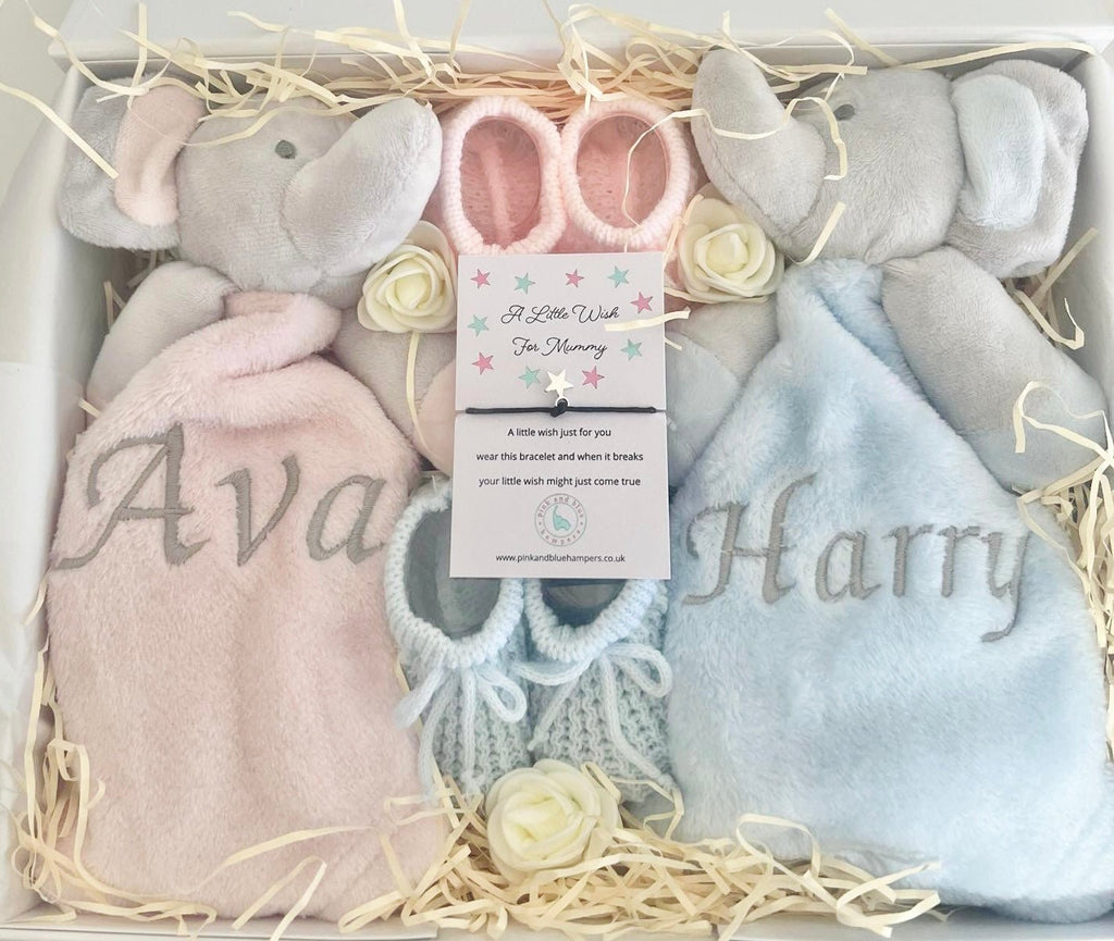 Personalised Twin Baby Hamper - Cute Elephant Comforters - Pink and Blue Hampers