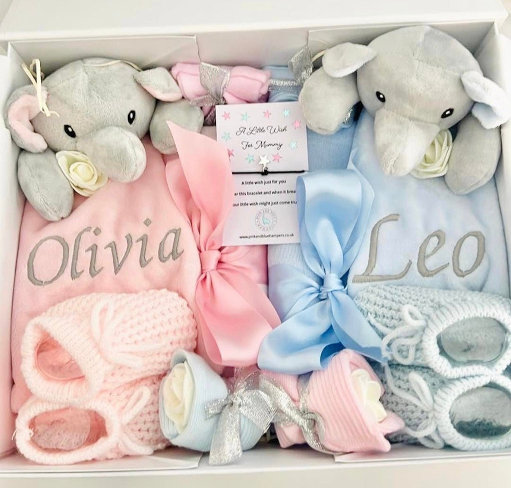 Personalised Twin Hamper - Baby Boy & Baby Girl Twin Gift Box - Pink and Blue Hampers