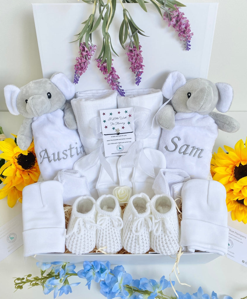 Personalised Unisex Twin Hamper - Cute Elephants - Pink and Blue Hampers