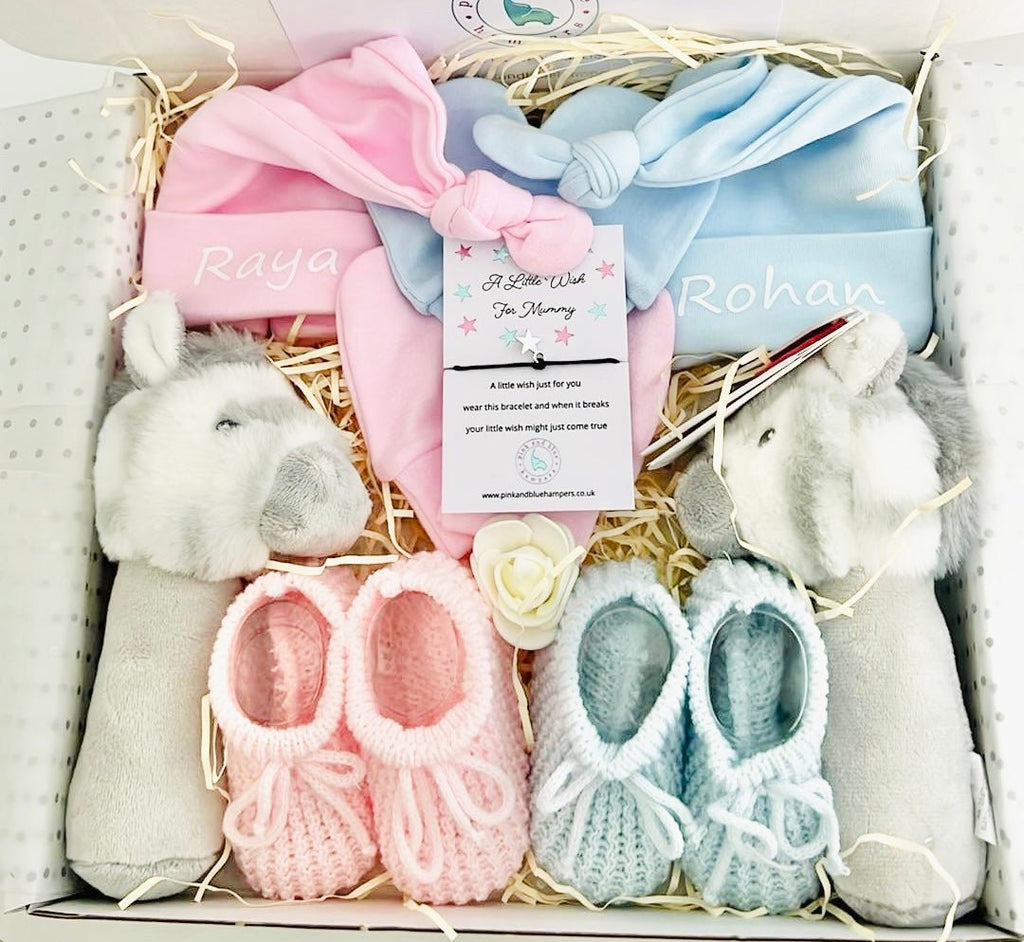 Stunning Twin Boy And Girl Baby Gift Set, Twin Gift Set - Pink and Blue Hampers