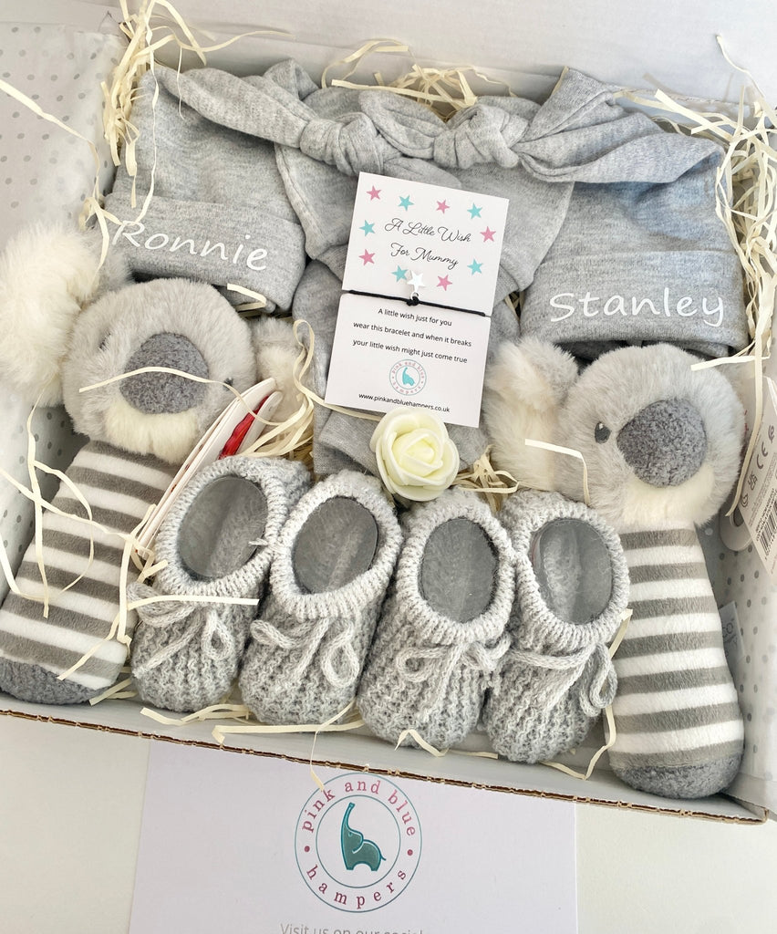 Stunning Twin Unisex Baby Gift Set, Personalised Twin Gift Set - Pink and Blue Hampers