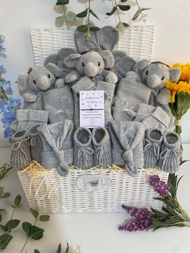 Triplet Baby Shower Hamper Gift - Three Little Elephants - Pink and Blue Hampers