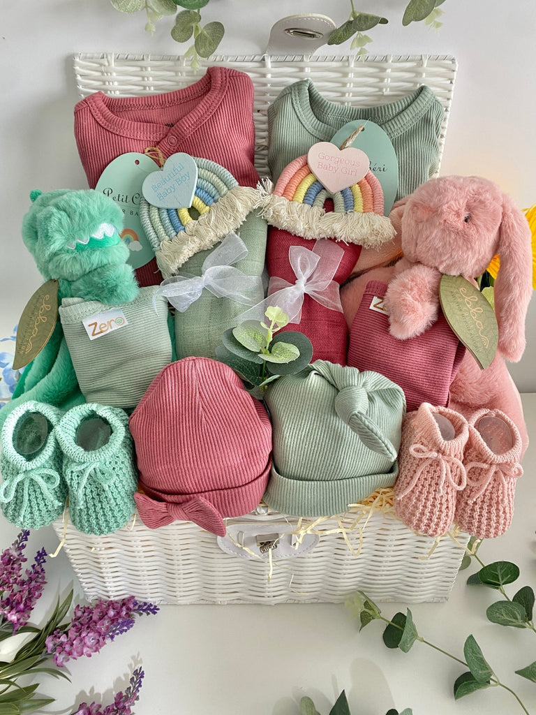 Twin Baby Hamper Basket - Dino & Bunny Rainbows - Pink and Blue Hampers