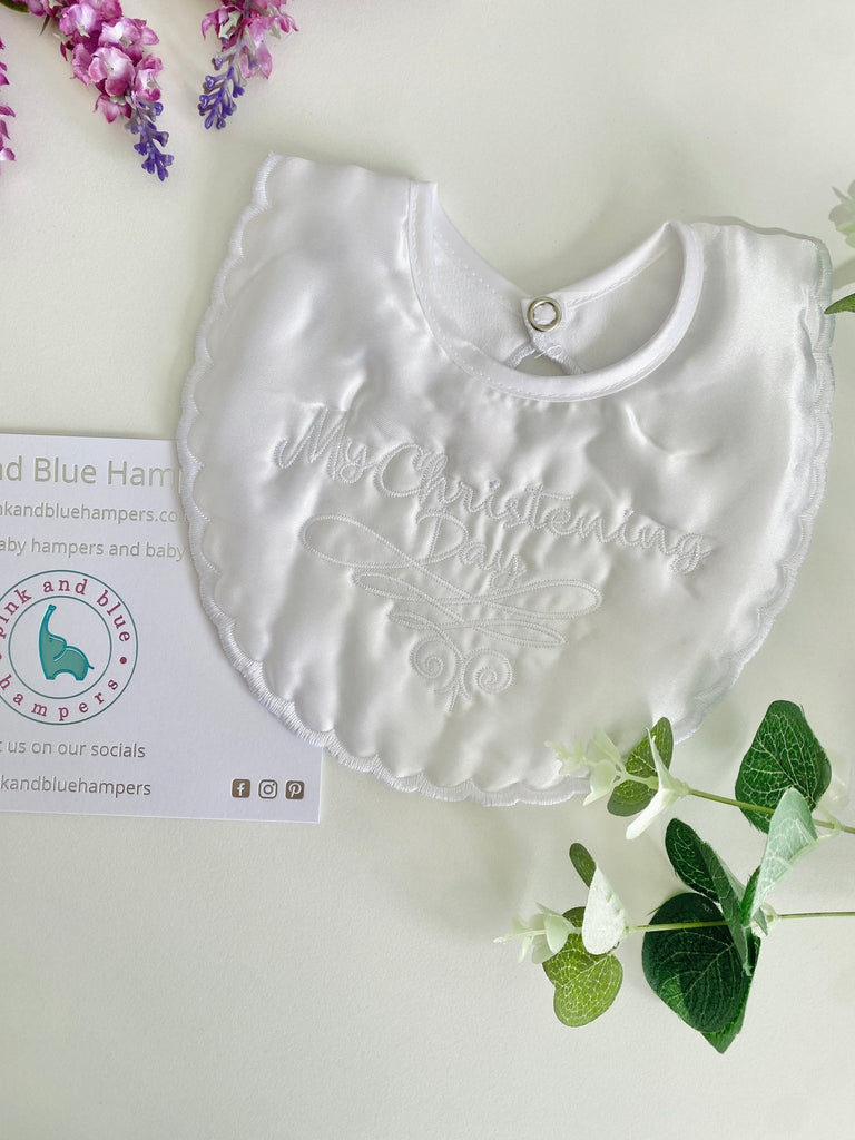 White Satin Christening Bib - My Christening Day - Pink and Blue Hampers