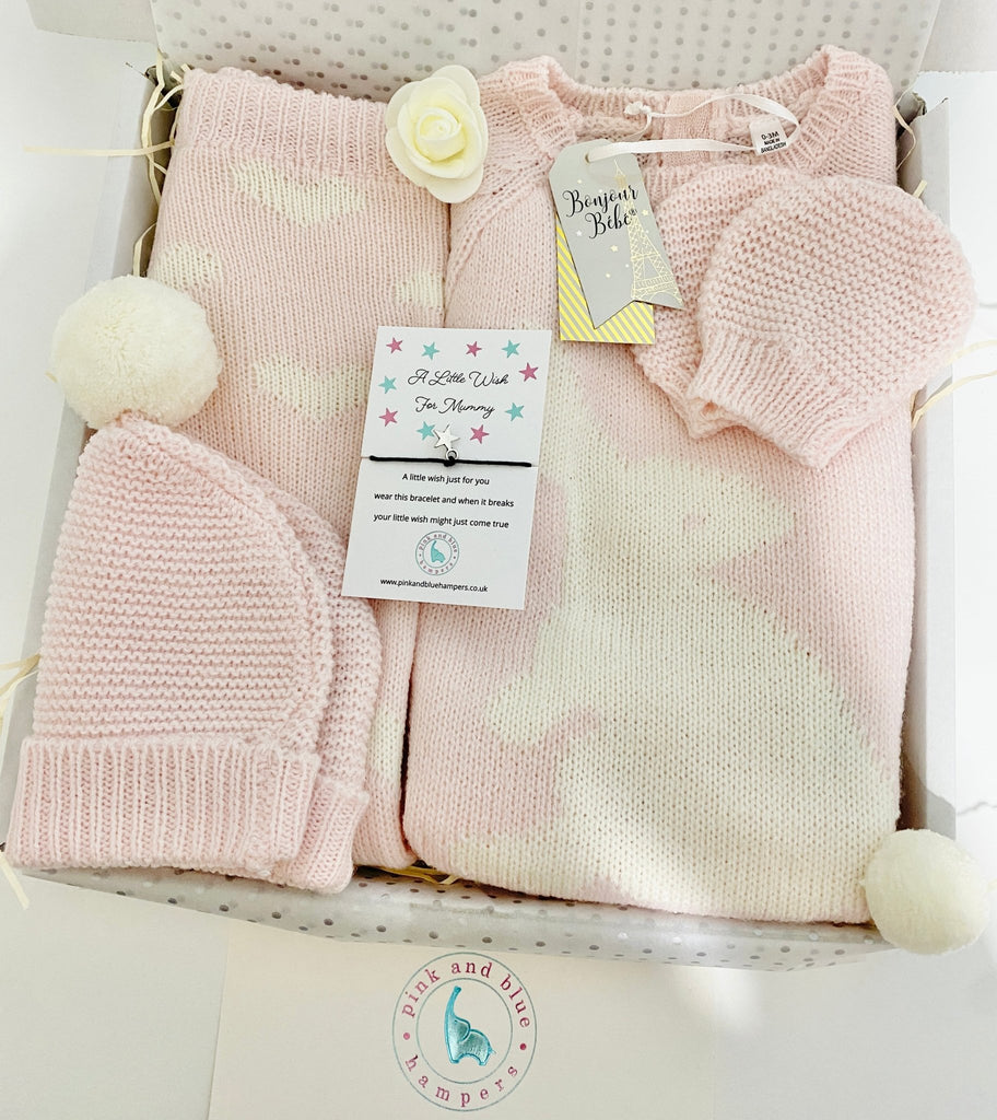 Beautiful Bunny Baby Girls Knitted Four Piece Baby Gift Set, Unisex Baby Gift - Pink and Blue Hampers