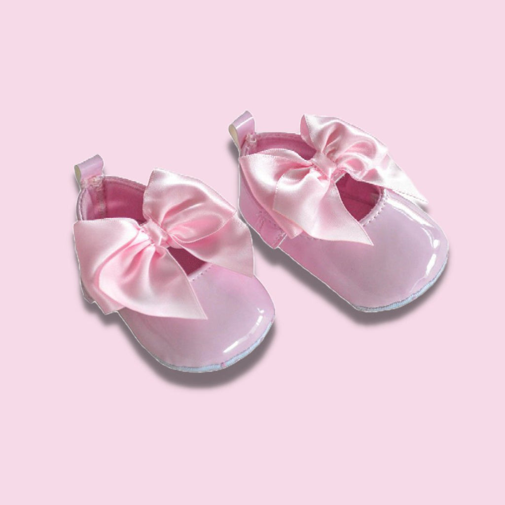 Beautiful Pink Baby Girl Shoes With Large Satin Bow - Pink and Blue Hampers