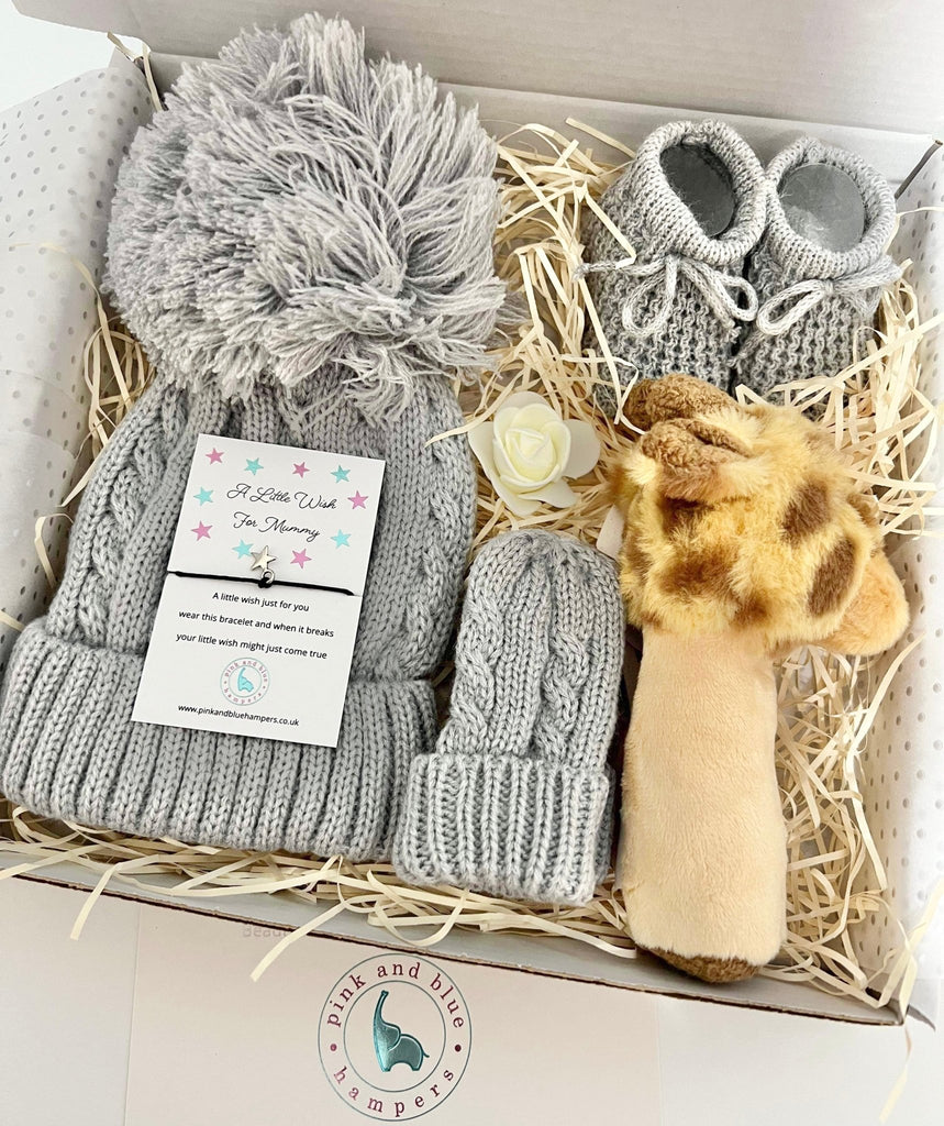 Gorgeous Grey Winter Baby Gift Set, New Baby Gift - Pink and Blue Hampers