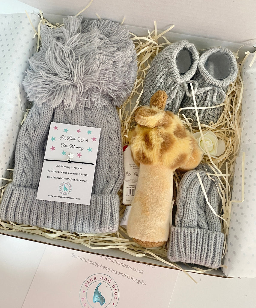 Gorgeous Grey Winter Baby Gift Set, New Baby Gift - Pink and Blue Hampers