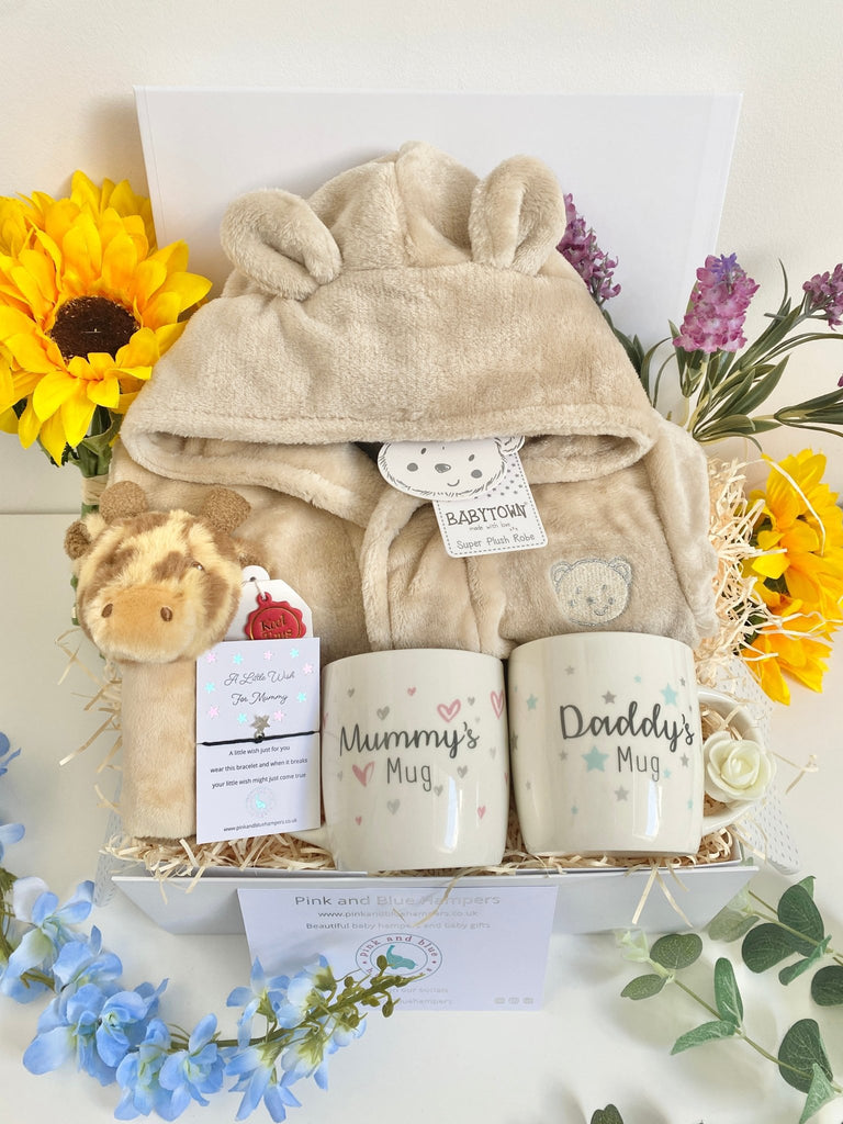 Gorgeous New Parents Baby Gift Hamper With Personalised Dressing Gown - Pink and Blue Hampers