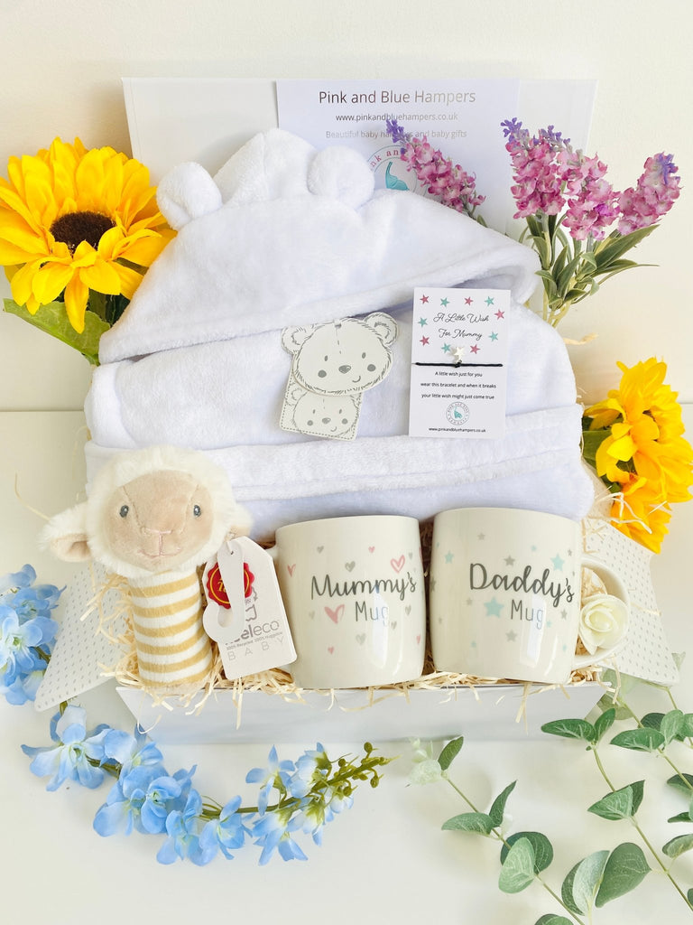 Gorgeous New Parents Baby Gift Hamper With Personalised Dressing Gown - Pink and Blue Hampers