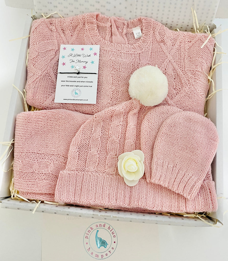 Lovely Baby Girls Knitted Four Piece Baby Gift Set, Unisex Baby Gift - Pink and Blue Hampers