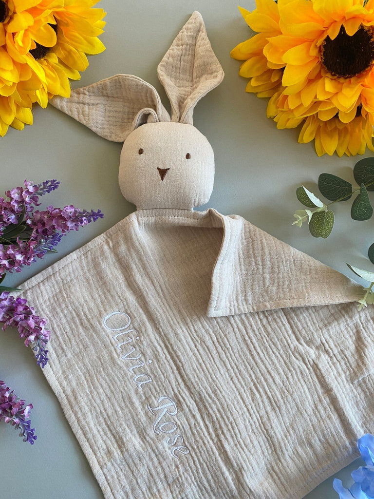 Personalised Organic Cotton Baby Muslin, Bunny Muslin & Koala Muslin comforter - Pink and Blue Hampers