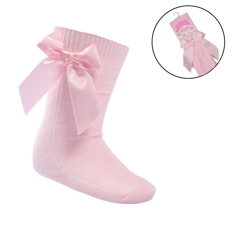 Pink Knee High Baby Girl Socks With Satin Bow - Pink and Blue Hampers