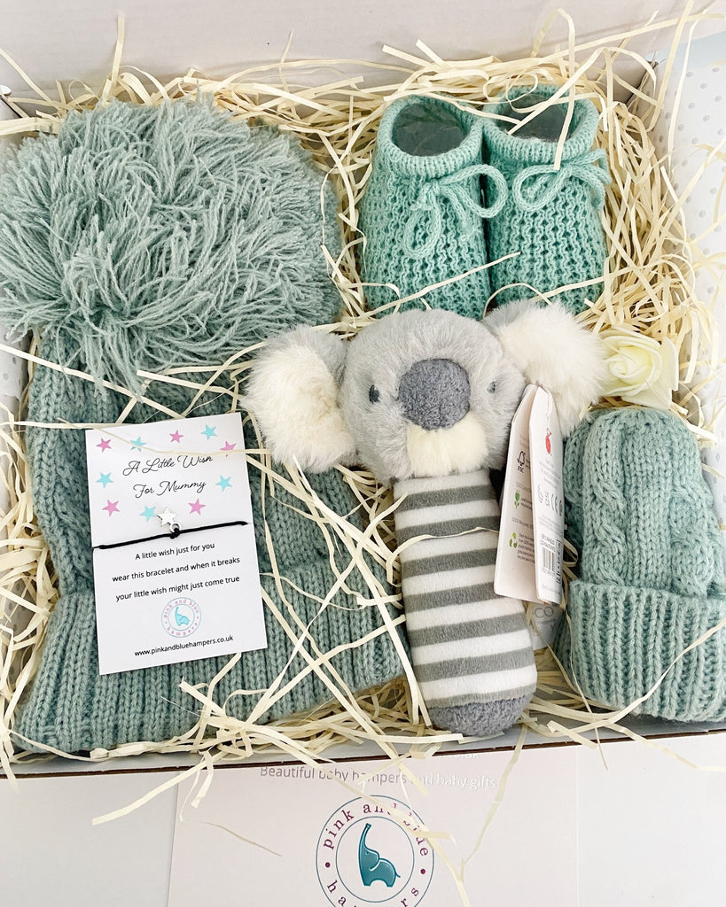 So Cute Sage Green Baby Gift Set, Unisex Winter Baby Gift - Pink and Blue Hampers