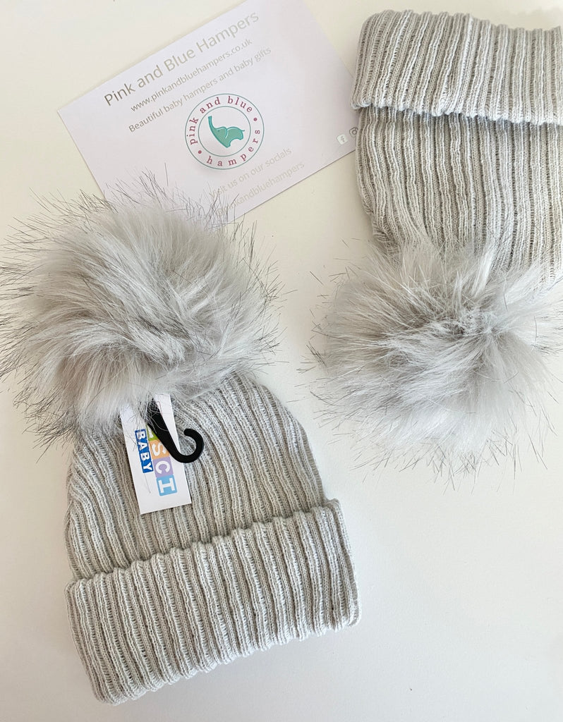 Unisex Grey Pom Pom Hat - Pink and Blue Hampers