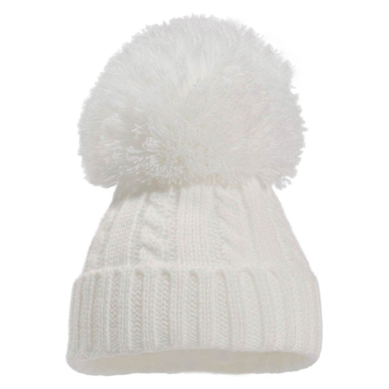 White Cable Knit Pom Pom Hat - Pink and Blue Hampers